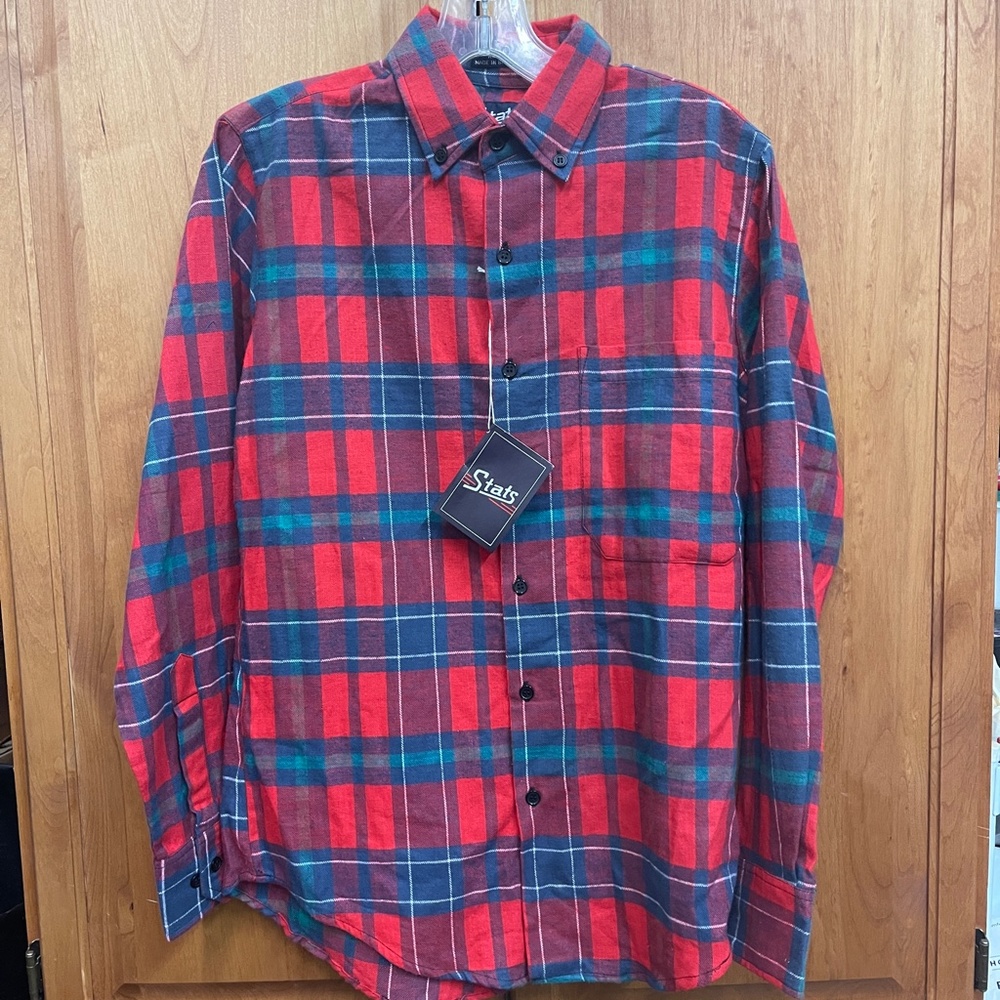 NEW Stats Red Navy Blue Flannel Shirt Mens Small Button Up Soft Cotton